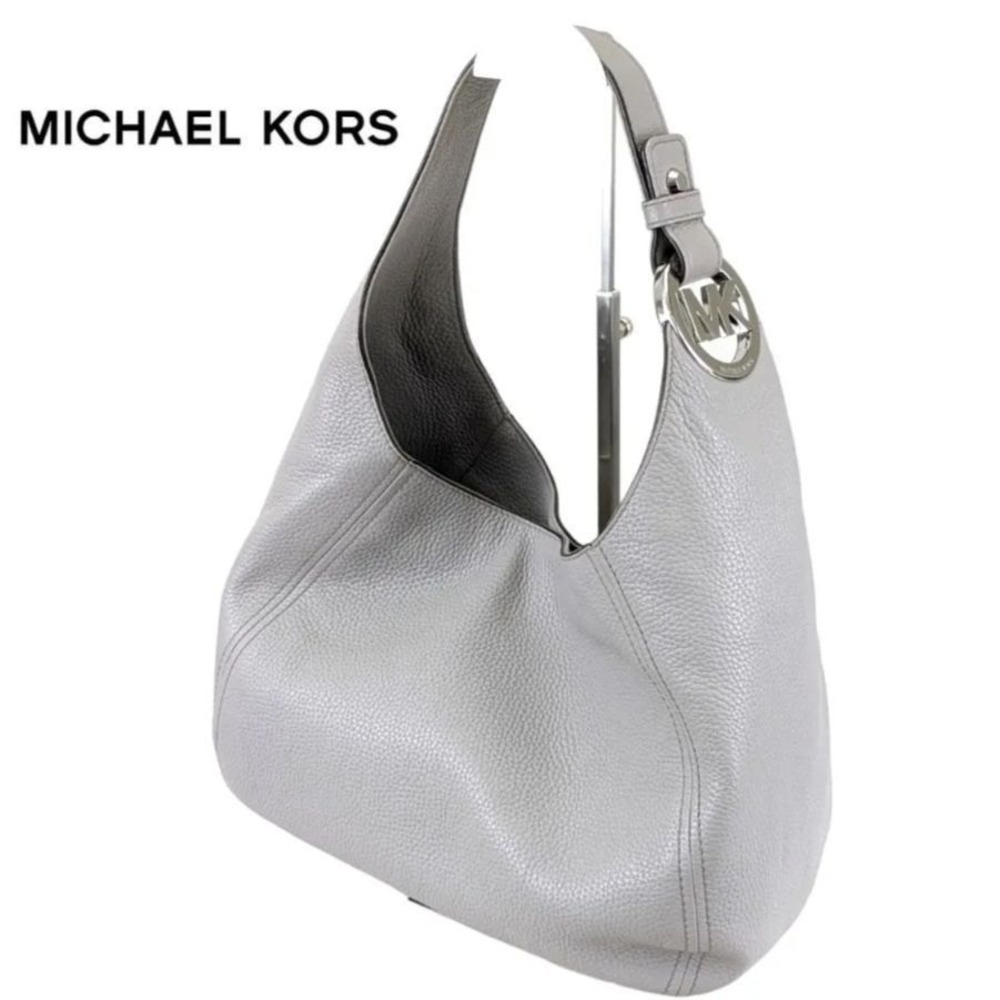 Michael Kors Hobo Bag Womens Large Grey Fulton Pebbled Leather Shoulder Bag MK - Picture 2 of 11